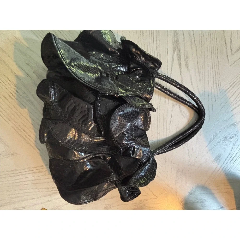 Sondra Roberts Black Faux Snakeskin Ruffle Hobo Bag Patent Tiered Petal Shoulder